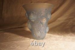 Lalique Saint Francois Molded Blue Opalescent Enameled Frosted Bird Vase