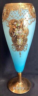 Large 15 Tall Vintage Venetian Blue Opaline Glass Vase Gold Encrusted & Floral