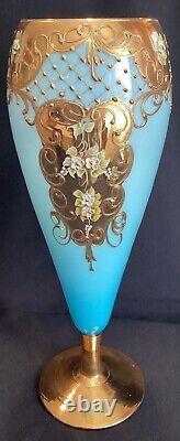 Large 15 Tall Vintage Venetian Blue Opaline Glass Vase Gold Encrusted & Floral