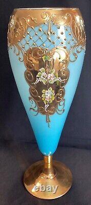 Large 15 Tall Vintage Venetian Blue Opaline Glass Vase Gold Encrusted & Floral