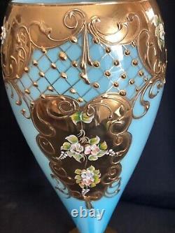 Large 15 Tall Vintage Venetian Blue Opaline Glass Vase Gold Encrusted & Floral