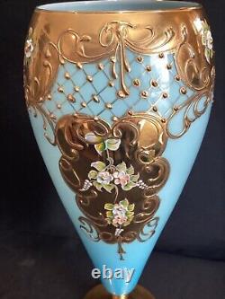 Large 15 Tall Vintage Venetian Blue Opaline Glass Vase Gold Encrusted & Floral