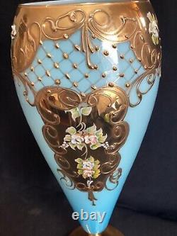 Large 15 Tall Vintage Venetian Blue Opaline Glass Vase Gold Encrusted & Floral