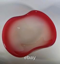Large 1960s Fratelli Toso Rich Red & White Opaline Cased Glass Bowl Centerpiece