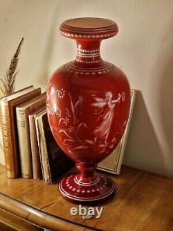 Large Antique Victorian Stourbridge Opaline Overlay Glass Intaglio Cameo Vase