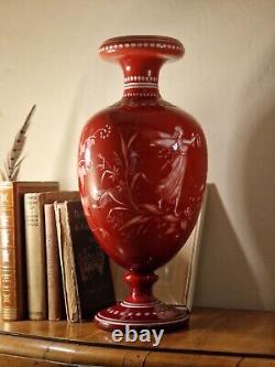 Large Antique Victorian Stourbridge Opaline Overlay Glass Intaglio Cameo Vase
