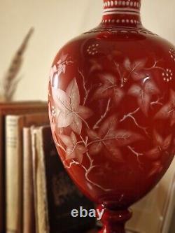 Large Antique Victorian Stourbridge Opaline Overlay Glass Intaglio Cameo Vase