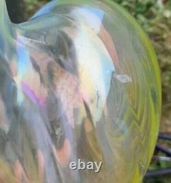Large Art Deco Green Wrythen Opalescent Vaseline Uranium BowithVasel, Perfect