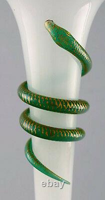Large Art Nouveau opaline glass vase with green snake