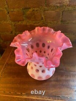 Large Fenton Cranberry Opalescent/Cased Coin Dot Ruffled Vase Double Crimped