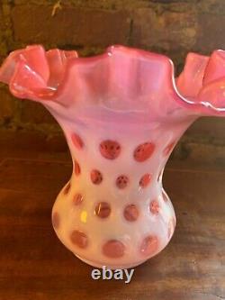 Large Fenton Cranberry Opalescent/Cased Coin Dot Ruffled Vase Double Crimped