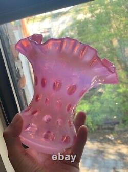 Large Fenton Cranberry Opalescent/Cased Coin Dot Ruffled Vase Double Crimped