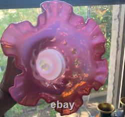 Large Fenton Cranberry Opalescent/Cased Coin Dot Ruffled Vase Double Crimped