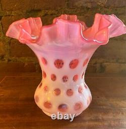 Large Fenton Cranberry Opalescent/Cased Coin Dot Ruffled Vase Double Crimped