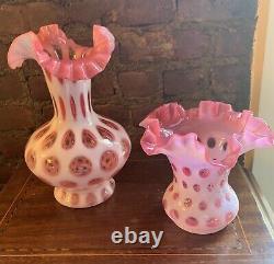 Large Fenton Cranberry Opalescent/Cased Coin Dot Ruffled Vase Double Crimped