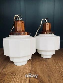 Large Pair Original Art Deco Opaline Milk Glass & Copper Pendant Lights 1920s