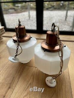 Large Pair Original Art Deco Opaline Milk Glass & Copper Pendant Lights 1920s