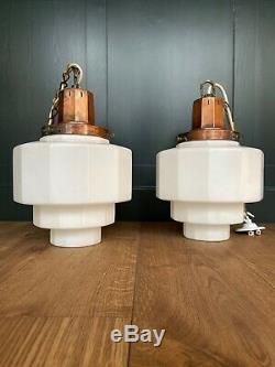 Large Pair Original Art Deco Opaline Milk Glass & Copper Pendant Lights 1920s