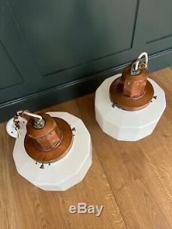 Large Pair Original Art Deco Opaline Milk Glass & Copper Pendant Lights 1920s