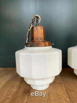 Large Pair Original Art Deco Opaline Milk Glass & Copper Pendant Lights 1920s