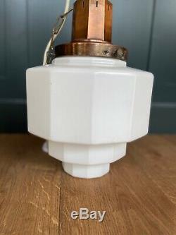 Large Pair Original Art Deco Opaline Milk Glass & Copper Pendant Lights 1920s