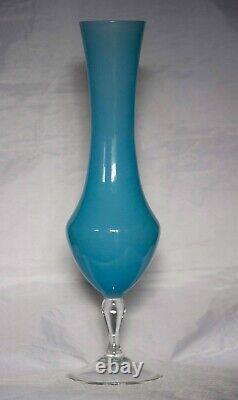 Large Vintage Italian Blue Opaline Vase 38cm 15in MCM 70s Clear Base Empoli