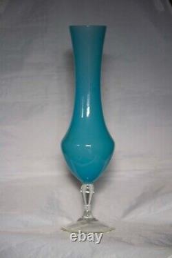 Large Vintage Italian Blue Opaline Vase 38cm 15in MCM 70s Clear Base Empoli