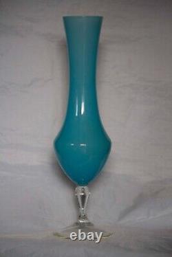 Large Vintage Italian Blue Opaline Vase 38cm 15in MCM 70s Clear Base Empoli