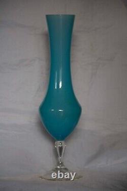 Large Vintage Italian Blue Opaline Vase 38cm 15in MCM 70s Clear Base Empoli