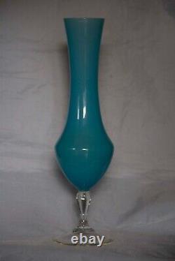 Large Vintage Italian Blue Opaline Vase 38cm 15in MCM 70s Clear Base Empoli