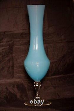 Large Vintage Italian Blue Opaline Vase 38cm 15in MCM 70s Clear Base Empoli