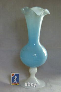Large Vintage Italian Blue Opaline Vase Scalloped White Base Empoli 35cm 13.8in