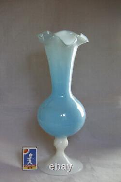 Large Vintage Italian Blue Opaline Vase Scalloped White Base Empoli 35cm 13.8in