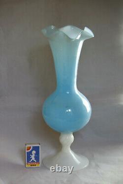 Large Vintage Italian Blue Opaline Vase Scalloped White Base Empoli 35cm 13.8in