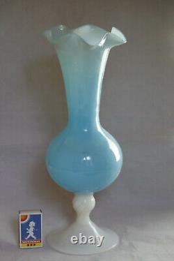 Large Vintage Italian Blue Opaline Vase Scalloped White Base Empoli 35cm 13.8in