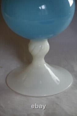 Large Vintage Italian Blue Opaline Vase Scalloped White Base Empoli 35cm 13.8in