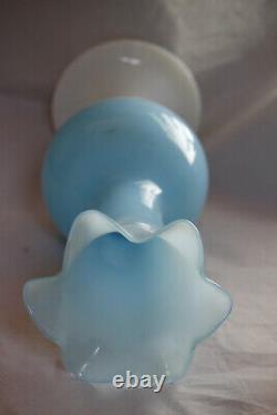 Large Vintage Italian Blue Opaline Vase Scalloped White Base Empoli 35cm 13.8in