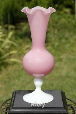 Large Vintage Italian Pink Opaline Vase Scalloped White Base Empoli 36cm 13.9in