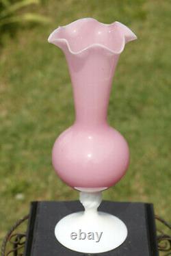 Large Vintage Italian Pink Opaline Vase Scalloped White Base Empoli 36cm 13.9in