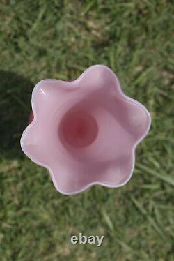 Large Vintage Italian Pink Opaline Vase Scalloped White Base Empoli 36cm 13.9in