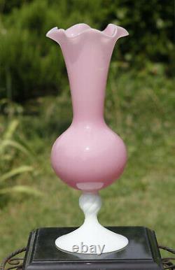 Large Vintage Italian Pink Opaline Vase Scalloped White Base Empoli 36cm 13.9in