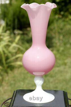 Large Vintage Italian Pink Opaline Vase Scalloped White Base Empoli 36cm 13.9in