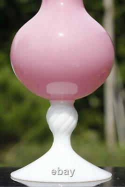 Large Vintage Italian Pink Opaline Vase Scalloped White Base Empoli 36cm 13.9in