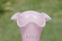 Large Vintage Italian Pink Opaline Vase Scalloped White Base Empoli 36cm 13.9in