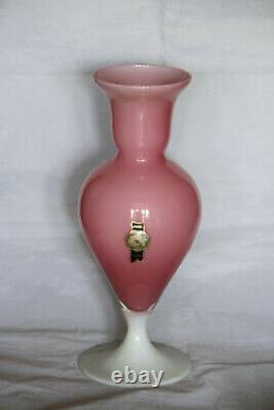 Large Vintage Italian Pink Opaline Vase White Base Empoli 30cm 11.8in LG Italy