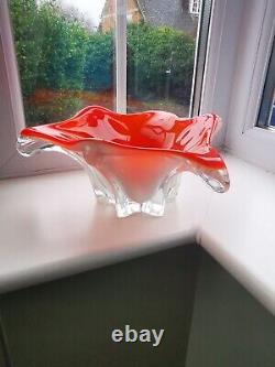 Large Vintage Murano Opalescent Orange, White & Clear Art Glass Bowl C1970's