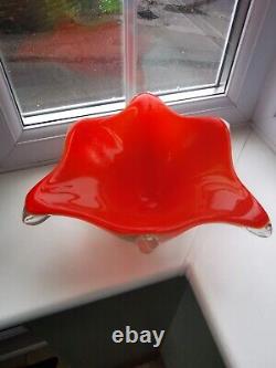 Large Vintage Murano Opalescent Orange, White & Clear Art Glass Bowl C1970's