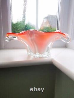 Large Vintage Murano Opalescent Orange, White & Clear Art Glass Bowl C1970's