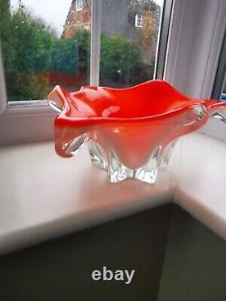 Large Vintage Murano Opalescent Orange, White & Clear Art Glass Bowl C1970's