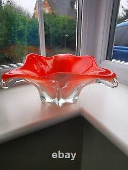 Large Vintage Murano Opalescent Orange, White & Clear Art Glass Bowl C1970's